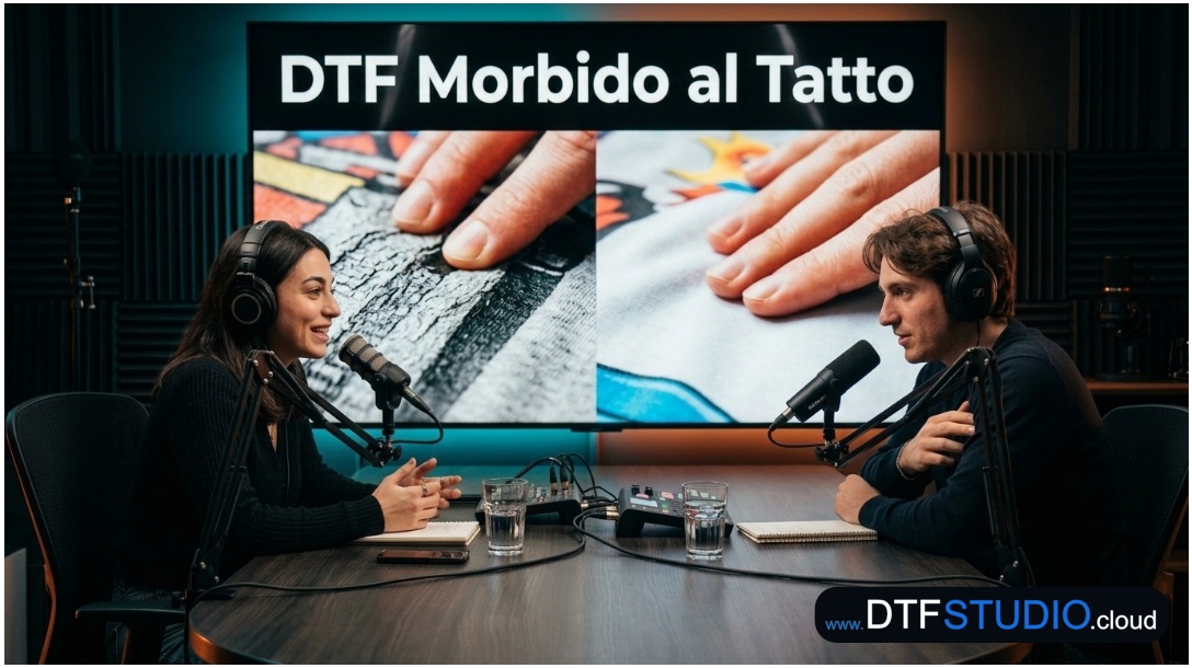 Giulia e Marco discutono di Perché il DTF DTFstudio è Morbido al Tatto — e Non Plasticoso nel podcast DTFstudio